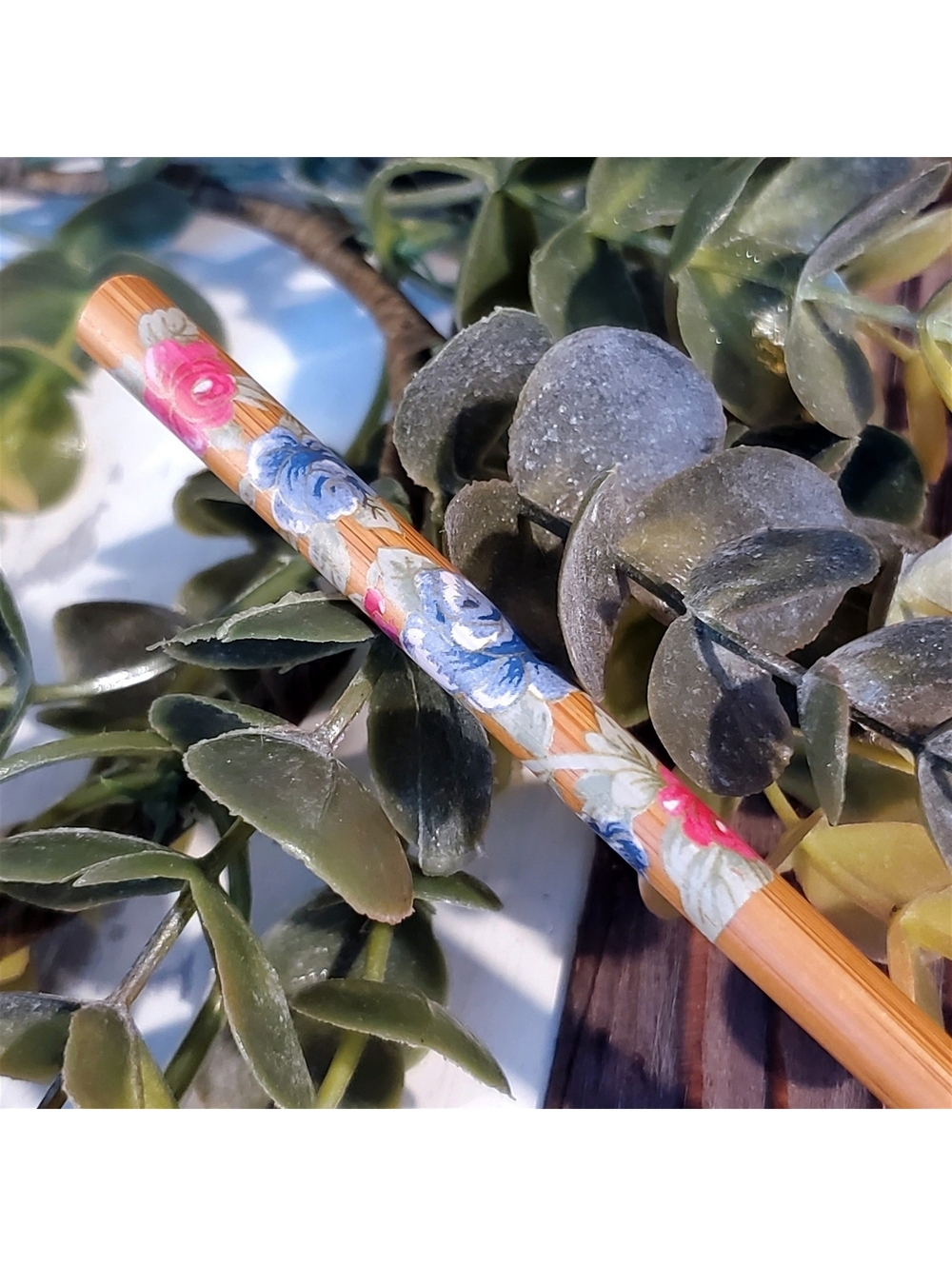 Japanese Flower Print Tortoise Shell Bamboo Hair Stick Blue Pink Green Multi